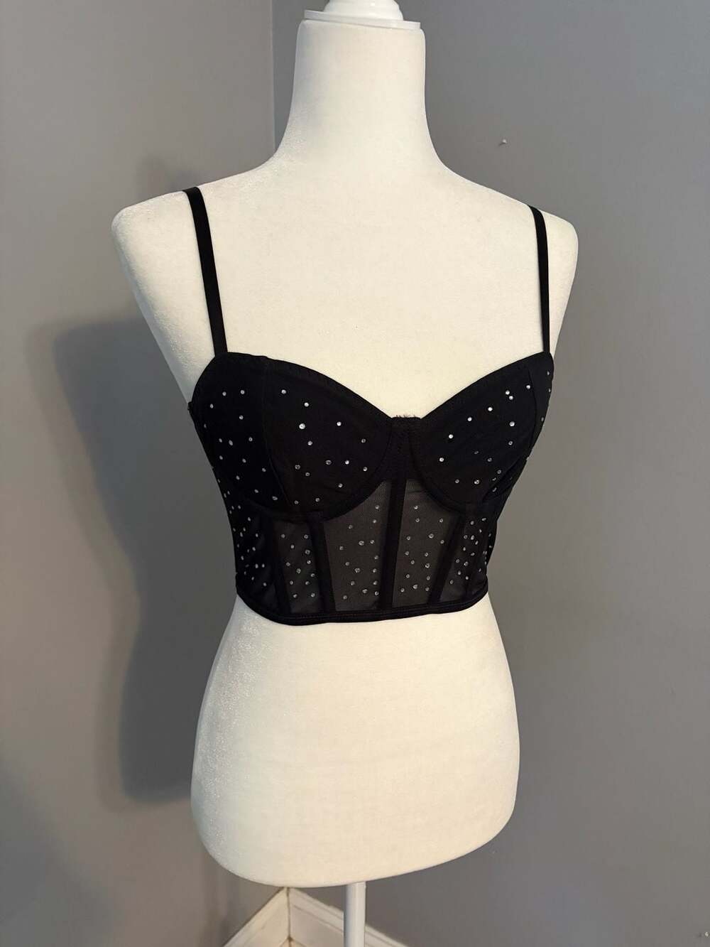 Avidlove Rhinestone Mesh Bustier Lingerie Top Black Size S